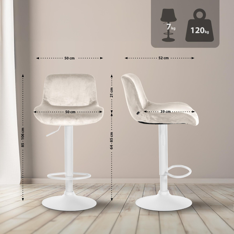 Lot de 2 tabourets de bar Solon, velours blanc crème
