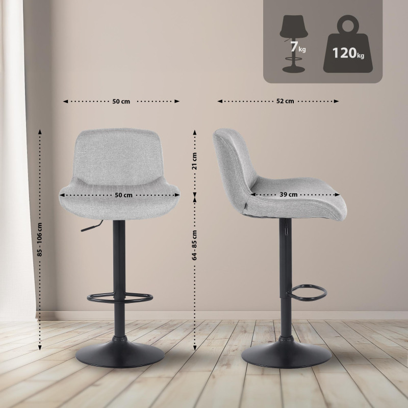 Ensemble de 2 tabourets de bar Solon, tissu noir gris clair