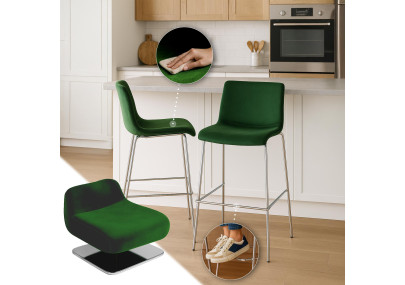 Tabouret de bar Hoover en velours, 4 pieds, vert chromé