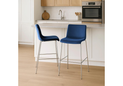 Tabouret de bar 4 pieds en velours Hoover bleu chromé