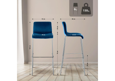 Tabouret de bar Hoover en velours, 4 pieds, chromé, bleu