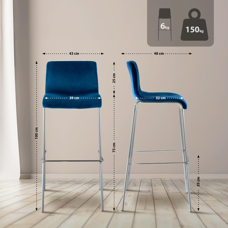Tabouret de bar Hoover en velours, 4 pieds, chromé, bleu