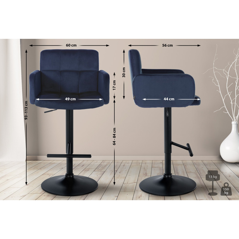 Ensemble de 2 tabourets de bar Los Angeles en velours noir et bleu