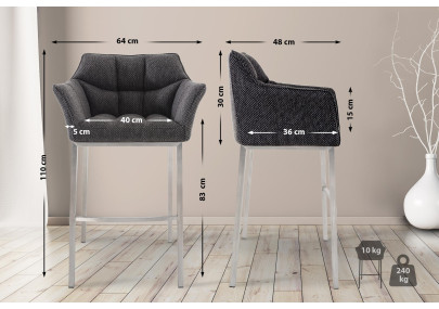 Tabouret de bar Damaso E en tissu avec piètement à 4 pieds, gris titane