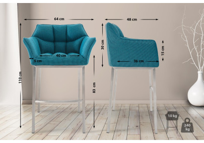 Tabouret de bar Damaso E en tissu avec piètement à 4 pieds, turquoise