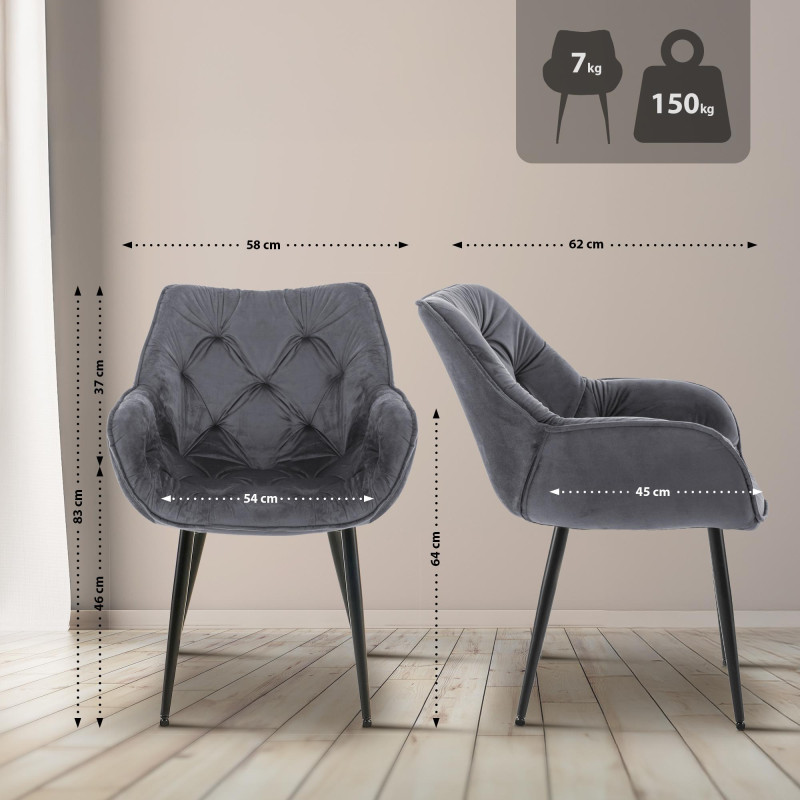 Ensemble de 2 chaises Tanna en velours gris foncé