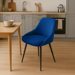 Chaise de salle à manger Elmira en velours, noir et bleu foncé