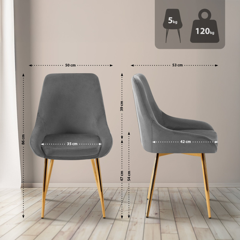 Chaise de salle à manger Elmira en velours, or et gris foncé