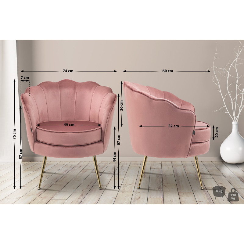 Fauteuil Rosita, velours, rose