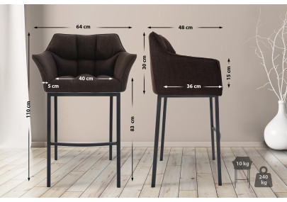 Tabouret de bar Damaso B, tissu, piètement à 4 pieds, marron