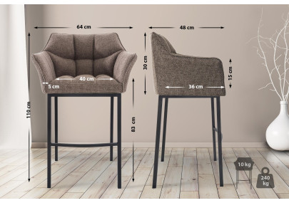 Tabouret de bar Damaso B, tissu avec piètement à 4 pieds, brun terre