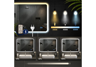 Miroir de salle de bain Jericho 60x80 avec Bluetooth et verre transparent