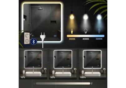Miroir de salle de bain Jericho 80x80 avec Bluetooth et verre transparent