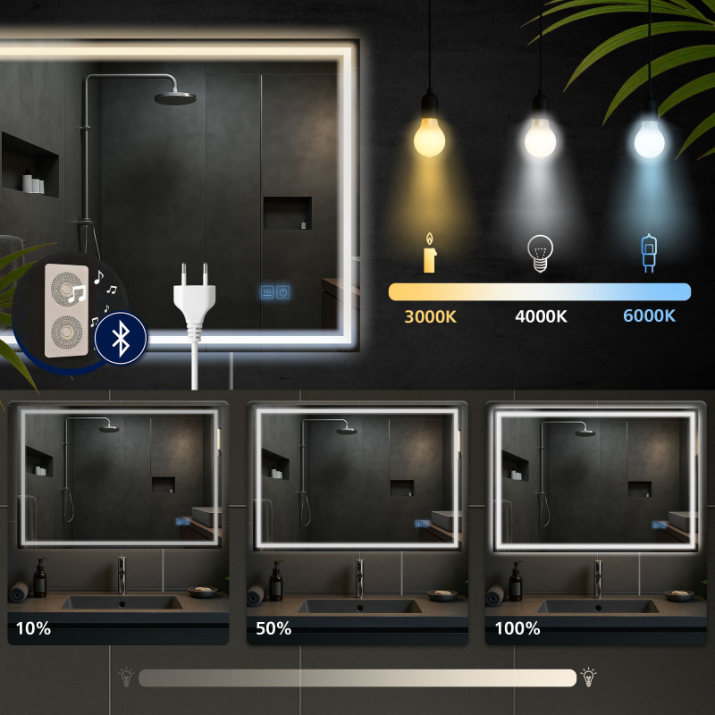 Miroir de salle de bain Jaffrey 60x80 avec Bluetooth et verre transparent