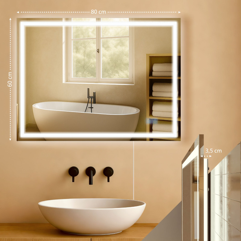 Miroir de salle de bain Jaffrey 60x80 sans Bluetooth, verre transparent