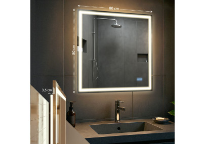 Miroir de salle de bain Jaffrey 80x80 avec Bluetooth et verre transparent