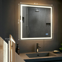 Miroir de salle de bain Jaffrey 80x80 avec Bluetooth et verre transparent