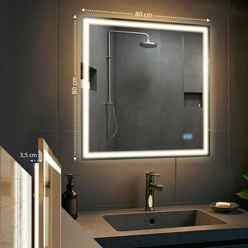 Miroir de salle de bain Jaffrey 80x80 avec Bluetooth et verre transparent