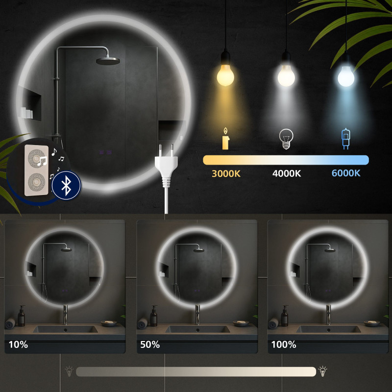 Espejo de baño Laconia 70 con Bluetooth, vidrio transparente