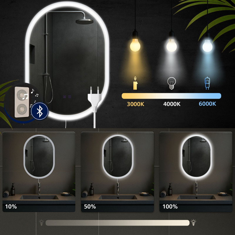 Miroir de salle de bain Karishma 70x50 avec Bluetooth et verre transparent