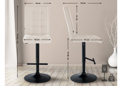 Tabouret de bar Peking V2, tissu, noir et crème