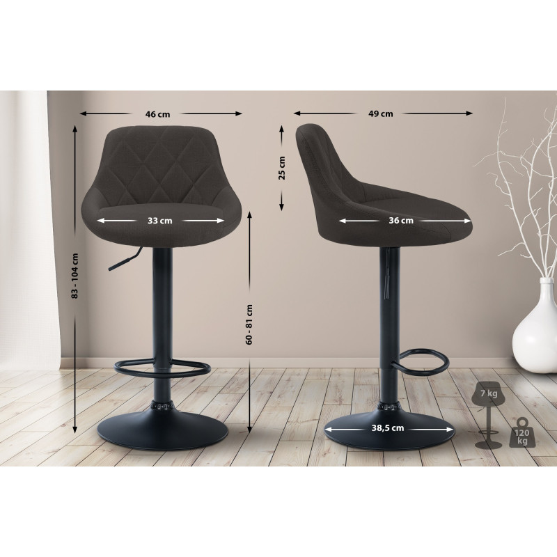 Tabouret de bar Lazio, tissu noir gris foncé