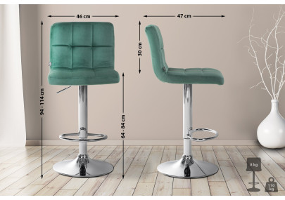 Tabouret de bar Peru, velours, chrome vert