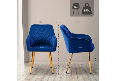 Ensemble de 2 chaises de salle à manger Monett, velours, bleu foncé