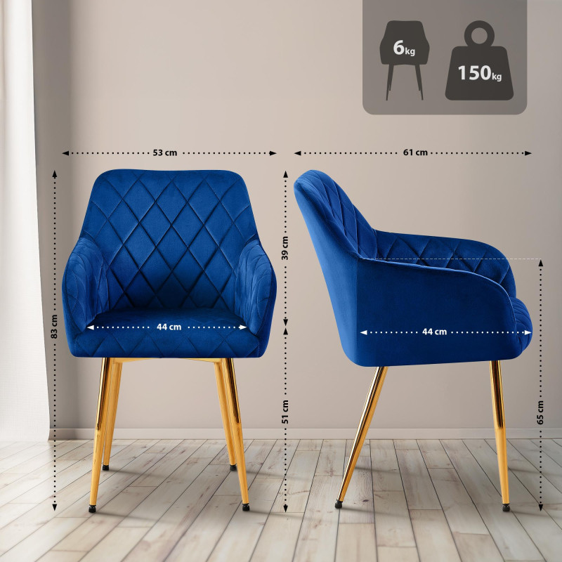 Conjunto de 2 cadeiras de sala de jantar Monett, veludo, azul escuro