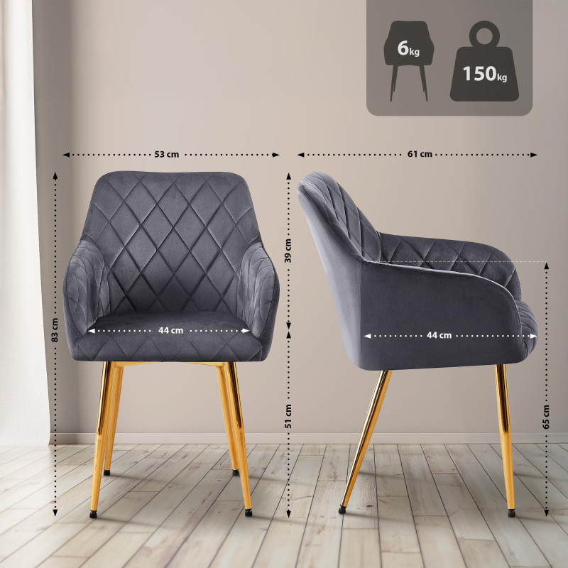 Ensemble de 2 chaises de salle à manger Monett, velours, gris foncé