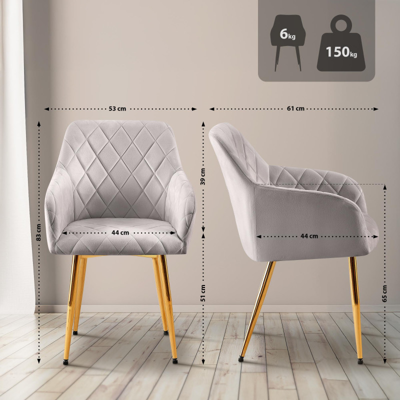 Conjunto de 2 sillas de comedor Monett, terciopelo, gris