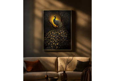 Tableau paon laqué avec cadre – décoration murale élégante – 70 x 4 x 100 cm