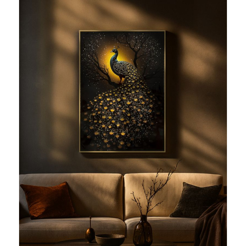 Tableau paon laqué avec cadre – décoration murale élégante – 70 x 4 x 100 cm