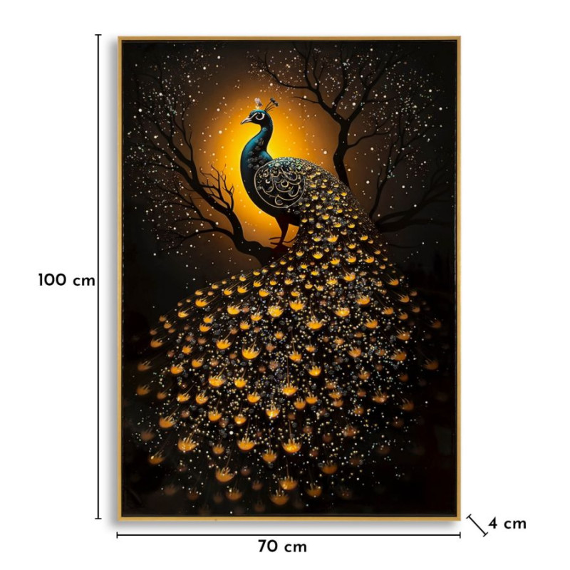 Tableau paon laqué avec cadre – décoration murale élégante – 70 x 4 x 100 cm