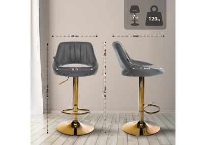 Tabouret de bar Milet, similicuir, doré et gris