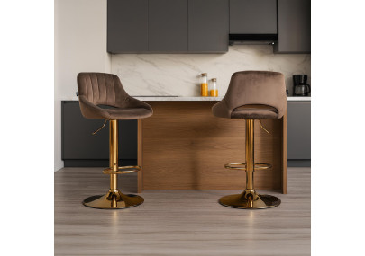 Tabouret de bar Milet en velours, doré et marron