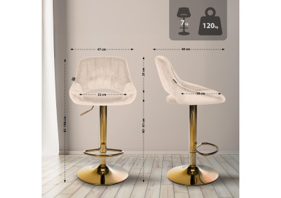 Tabouret de bar Milet en velours, or et crème