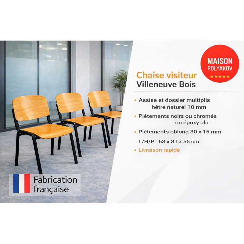 Chaise visiteur en bois clair et métal noir – Fabrication française – Pour Salle d’attente et réunion – Villeneuve