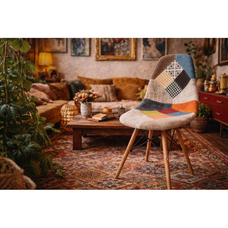 Sedia Eiffel Patchwork Multicolore – Seduta Imbottita, Gambe in Legno Massello e Stile Bohémien Chic