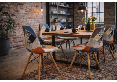 Silla Eiffel Patchwork Multicolor – Asiento Acolchado, Patas de Madera Maciza y Estilo Bohemio Chic