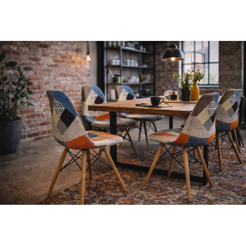 Silla Eiffel Patchwork Multicolor – Asiento Acolchado, Patas de Madera Maciza y Estilo Bohemio Chic