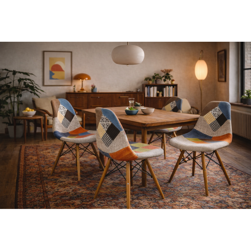Cadeira Eiffel Patchwork Multicolor – Assento Estofado, Pés em Madeira Maciça e Estilo Boémio Chic