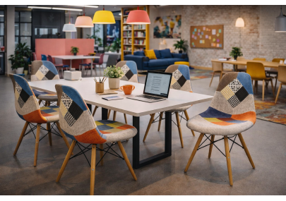 Silla Eiffel Patchwork Multicolor – Asiento Acolchado, Patas de Madera Maciza y Estilo Bohemio Chic