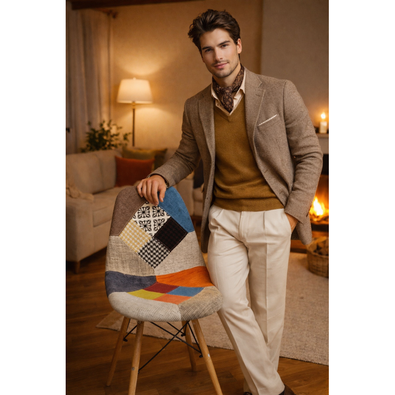 Silla Eiffel Patchwork Multicolor – Asiento Acolchado, Patas de Madera Maciza y Estilo Bohemio Chic