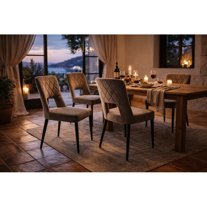 Chaise Bruxelles Velours Capitonnée Taupe – Pieds Métal Noir