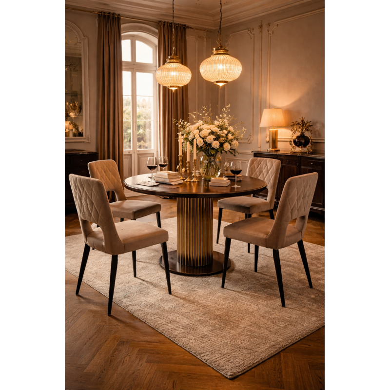 Sedia Bruxelles in Velluto Beige Sabbia Trapuntata – Gambe in Metallo Nero