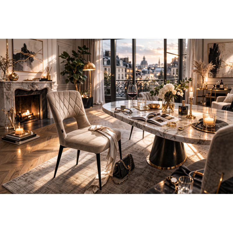 Silla Bruselas de Terciopelo Beige Arena Capitoneada – Patas de Metal Negro