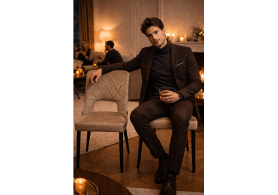 Sedia Bruxelles in Velluto Beige Sabbia Trapuntata – Gambe in Metallo Nero