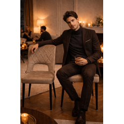 Chaise Bruxelles Velours Beige Sable Capitonnée – Pieds en Métal Noir