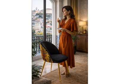 Cadeira de design em veludo preto com padrão de folhas tropicais e pernas em metal dourado – Estilo exótico chic